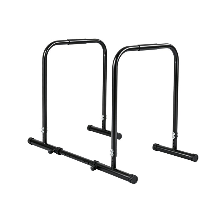 Adjustable dip bar station in black with 660 lbs capacity, featuring foam-padded handles and customizable width.