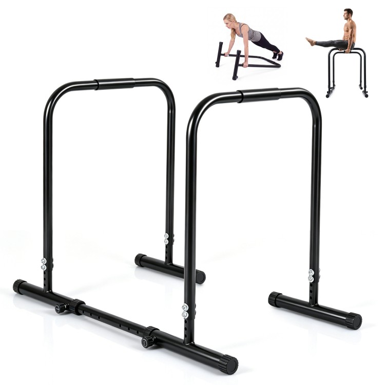Adjustable dip bar station in black with foam-padded handles, ideal for calisthenics and strength training exercises.