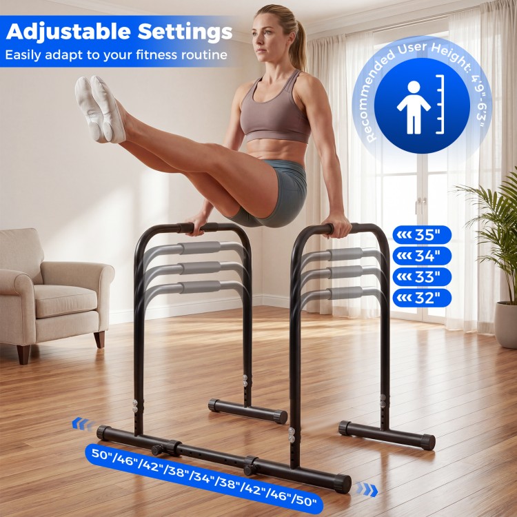 Adjustable dip bar station in black with 4 height settings, designed for calisthenics and strength training at home.