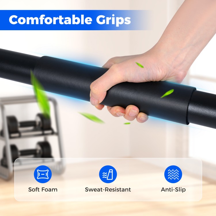 Close-up of the adjustable dip bar's foam-padded handle, featuring anti-slip grip for enhanced comfort during workouts.