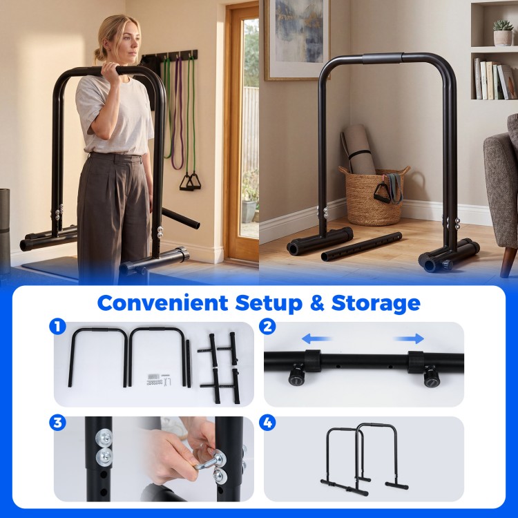 Adjustable dip bar station in black with foam-padded handles, designed for calisthenics and strength training at home.