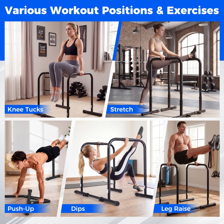 Adjustable dip bar station in use for various exercises like dips and leg raises, featuring a sturdy black metal frame.