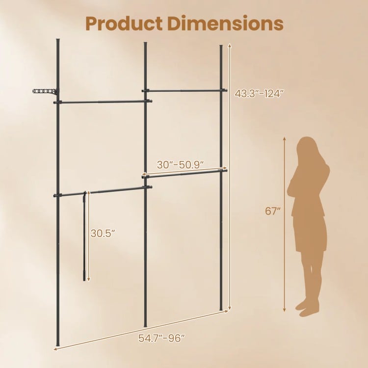 Adjustable floor-to-ceiling clothes rack in black with 4 hanging rods, measuring 43.3"-124" in height for versatile storage.