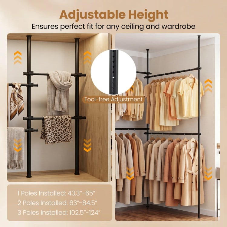 Adjustable floor-to-ceiling clothes rack in black with four hanging rods, perfect for maximizing wardrobe space.