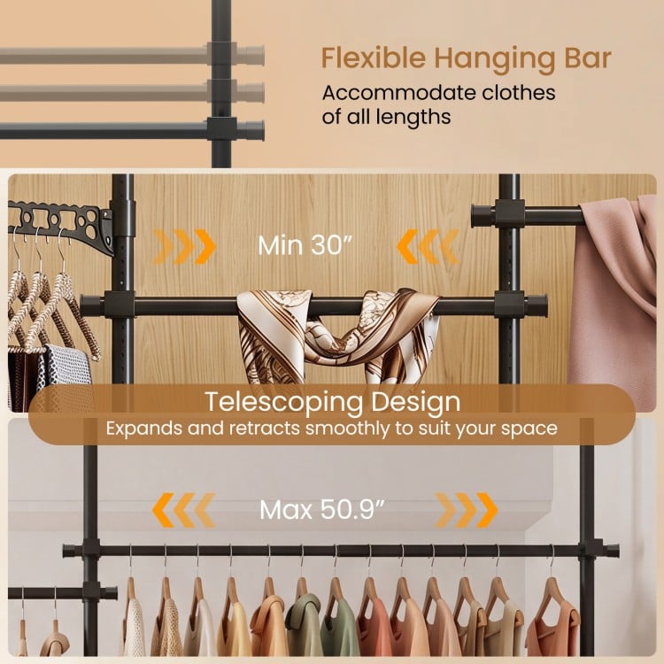Adjustable floor-to-ceiling clothes rack in black with 4 hanging rods, telescoping design, perfect for any space.