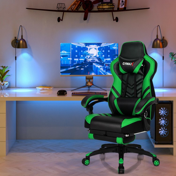 Front view of the adjustable gaming chair in green with a sturdy structure, high back, and retractable footrest for.