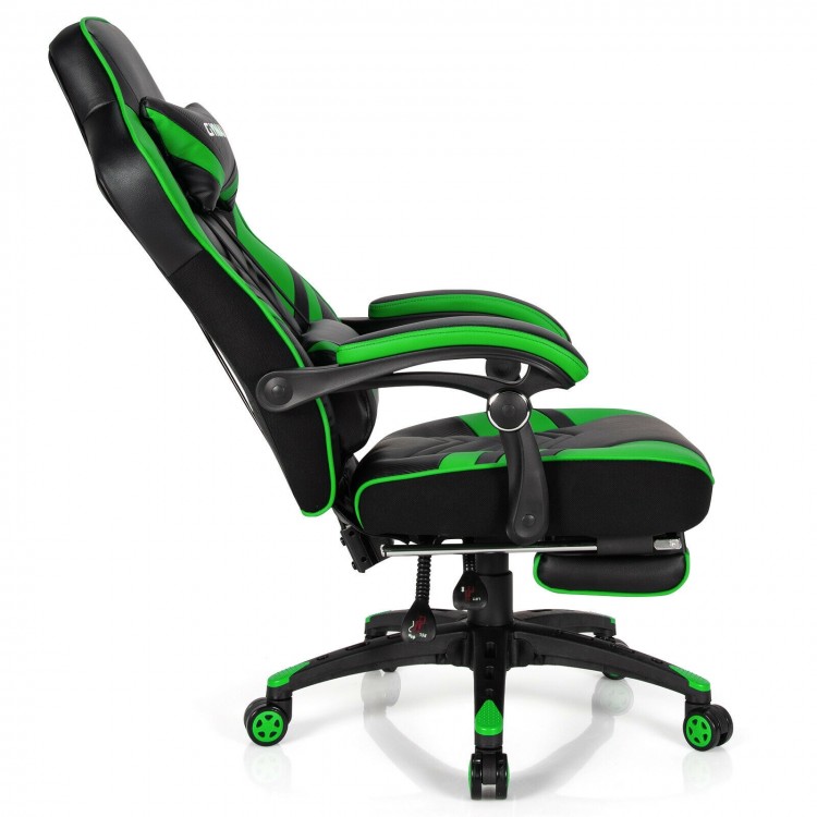 Side view of the adjustable gaming chair in green, featuring a retractable footrest and ergonomic design for comfort.