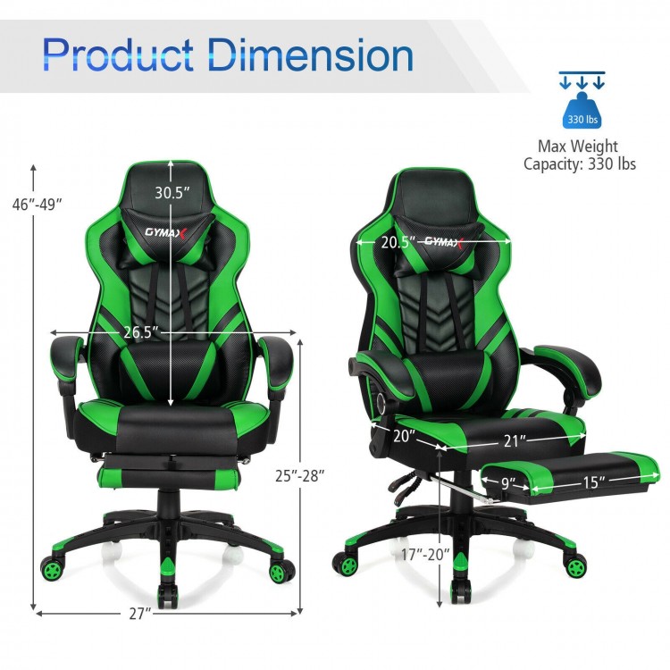 Adjustable gaming chair with footrest in green, featuring ergonomic design, 330 lbs capacity, and 360-degree swivel for.