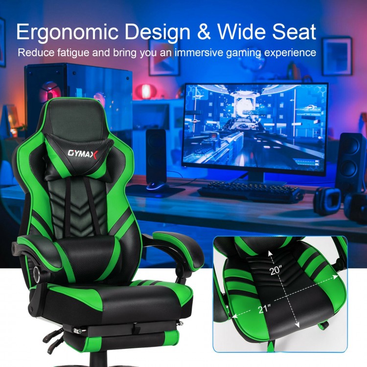 Adjustable gaming chair in green with ergonomic design, wide seat, and retractable footrest for ultimate comfort.