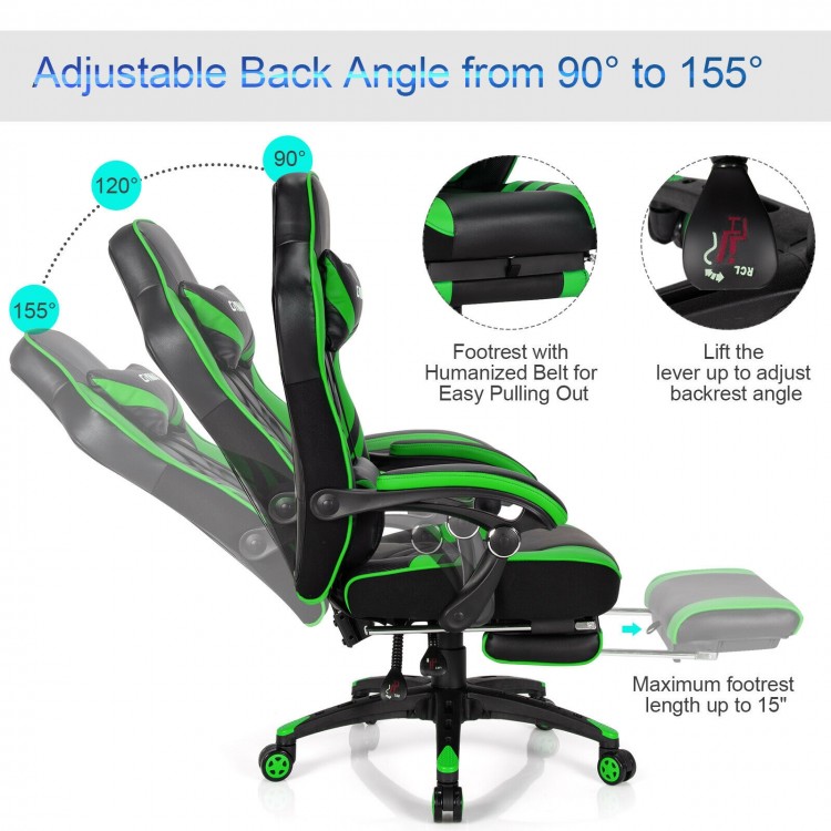 Adjustable gaming chair in green with footrest, featuring a 90°-155° backrest for comfort in gaming and work.