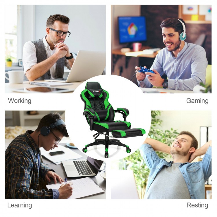 Adjustable gaming chair with footrest in green, featuring ergonomic design for working, gaming, and resting comfortably.