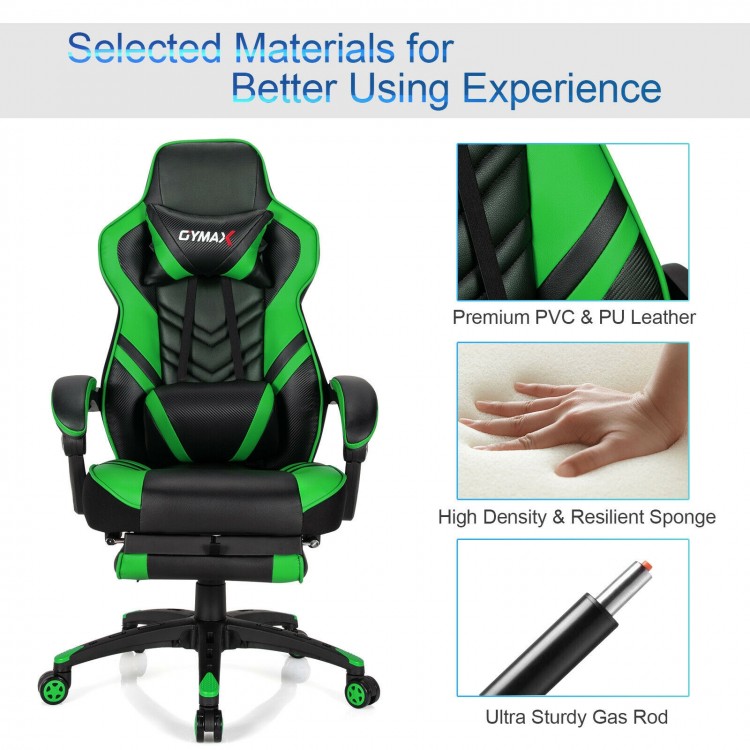 Adjustable gaming chair in green with ergonomic design, retractable footrest, and premium PU leather for ultimate.