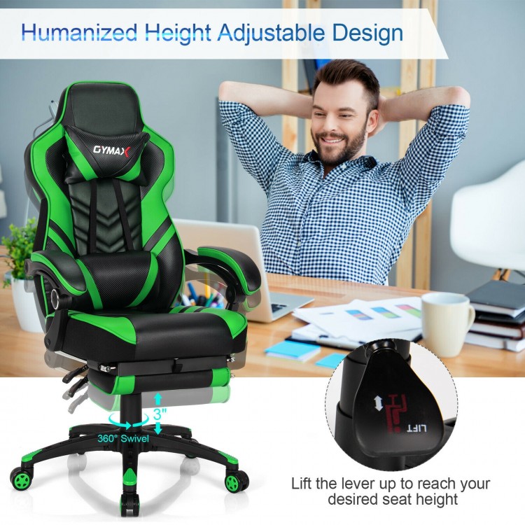 Adjustable gaming chair in green with footrest, ergonomic design, and 360° swivel for home office comfort.