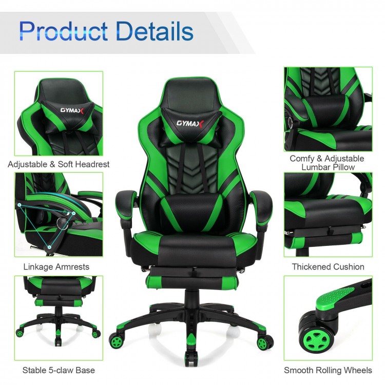 Adjustable gaming chair in green with retractable footrest, ergonomic design, and 360-degree swivel for home office use.