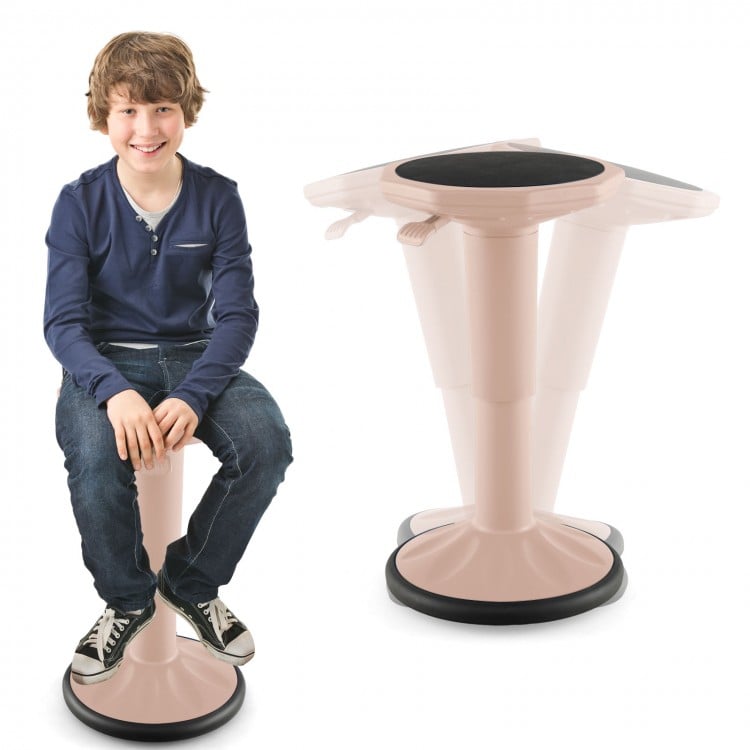Adjustable-height pink wobble chair for active learning, designed for children to promote good posture and core.