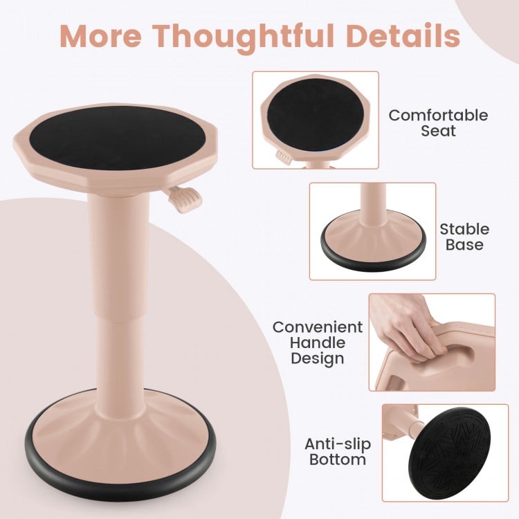 Adjustable-height pink wobble chair with a comfortable seat, stable base, and anti-slip bottom for active learning.