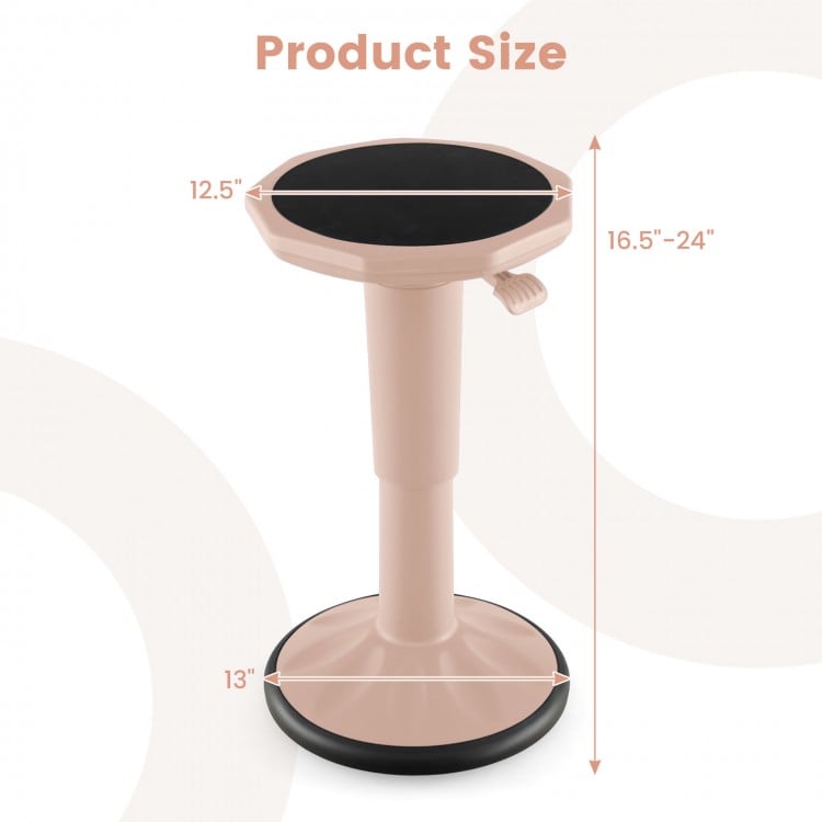 Adjustable-height wobble chair in pink, measuring 12.5" wide and 16.5"-24" tall, designed for active learning and.