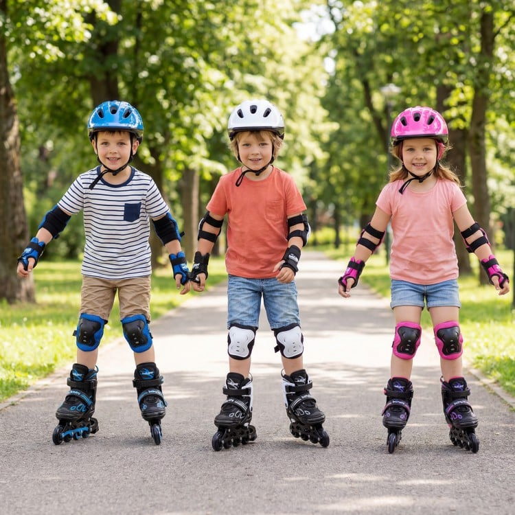 Three kids wearing adjustable incline skates with protective gear, enjoying skating on a sunny park path.