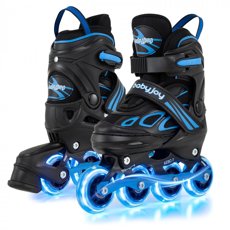 Adjustable kids' inline skates in blue with illuminating wheels, designed for ages 5-14, featuring triple safety.