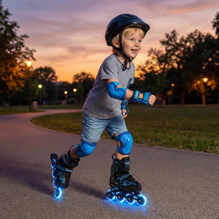 Adjustable kids' incline skates in blue with illuminating wheels, perfect for ages 5-14, ensuring safety and comfort.