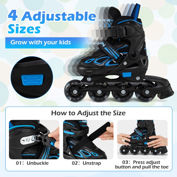 Adjustable kids' inline skates in blue with illuminating wheels, featuring 4 sizes for ages 5-14, designed for safety.