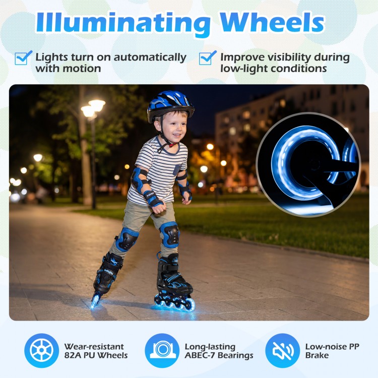 Adjustable kids' incline skates in blue with illuminating wheels, designed for safety and comfort during low-light.