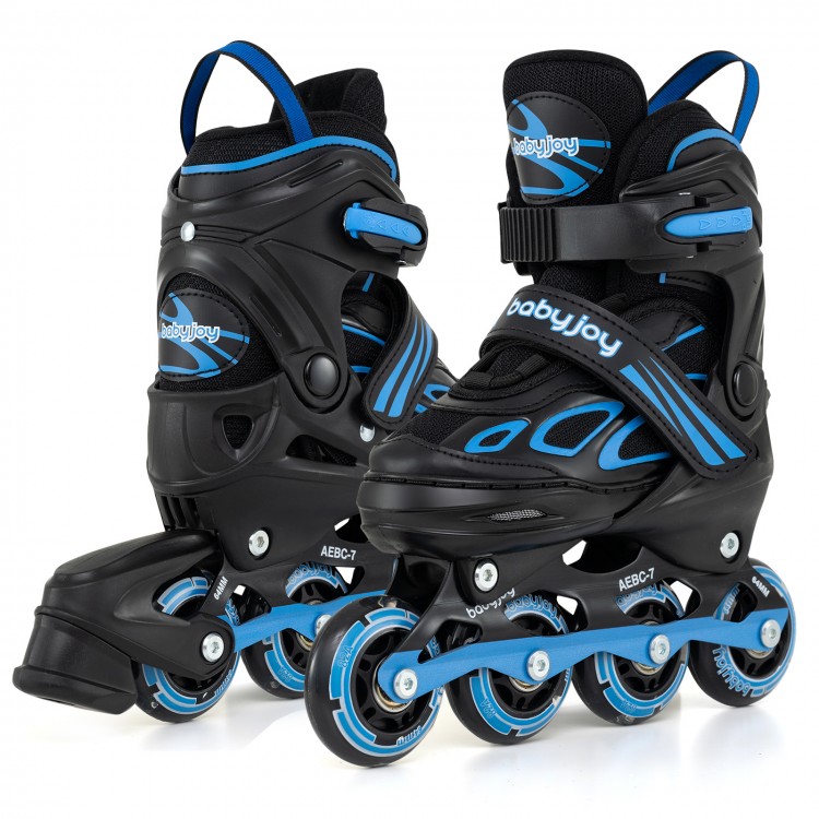 Adjustable kids' inline skates in blue with illuminating wheels, designed for ages 5-14, featuring safety straps and.