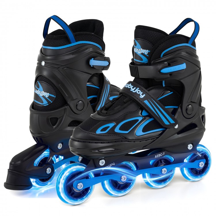 Adjustable kids' inline skates in blue with illuminating wheels, featuring a secure buckle and breathable material for.