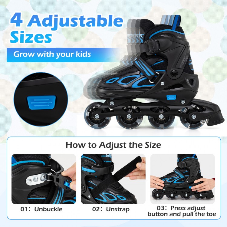 Adjustable kids' inline skates in blue with 4 sizes, featuring illuminating wheels and triple safety protection.