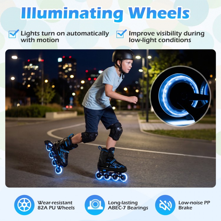 Adjustable kids' incline skates with illuminating wheels, 82A PU wheels, and ABEC-7 bearings for safe low-light skating.