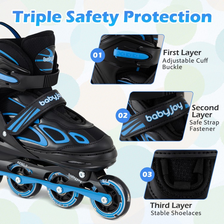 Adjustable kids' inline skates in blue with triple safety features, including a cuff buckle and secure strap fastener.