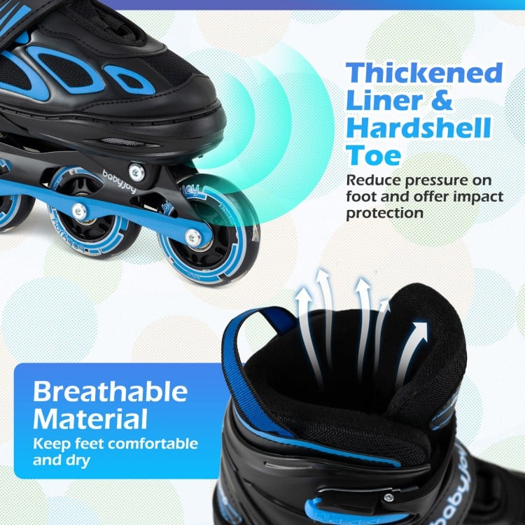 Close-up of the adjustable kids' inline skates featuring a thickened liner and hardshell toe for impact protection.