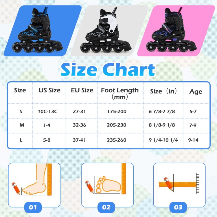 Adjustable kids' inline skates in blue with illuminating wheels, suitable for ages 5-14, featuring 4 size options.