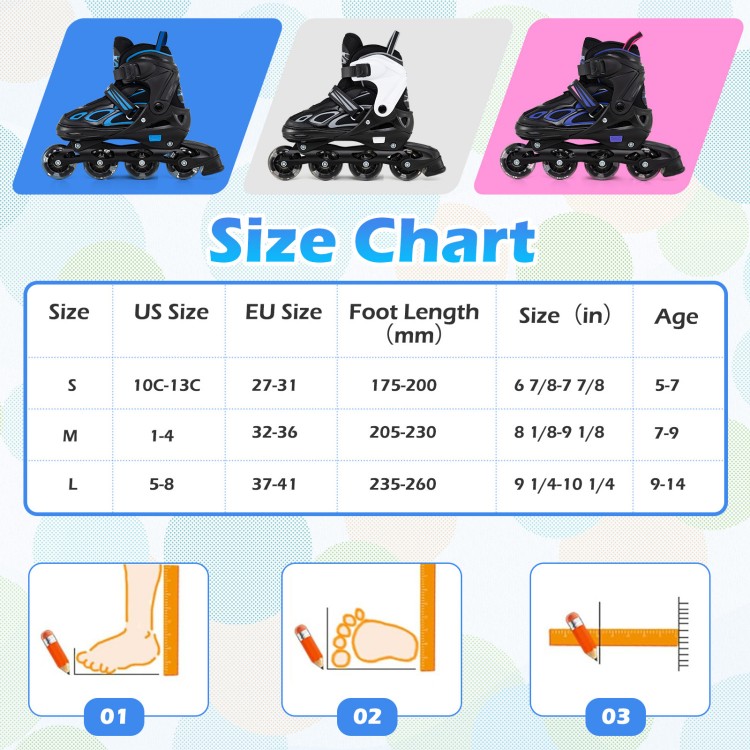 Size chart for Adjustable Kids' Incline Skates in blue, showing US, EU sizes, foot length, and age recommendations.
