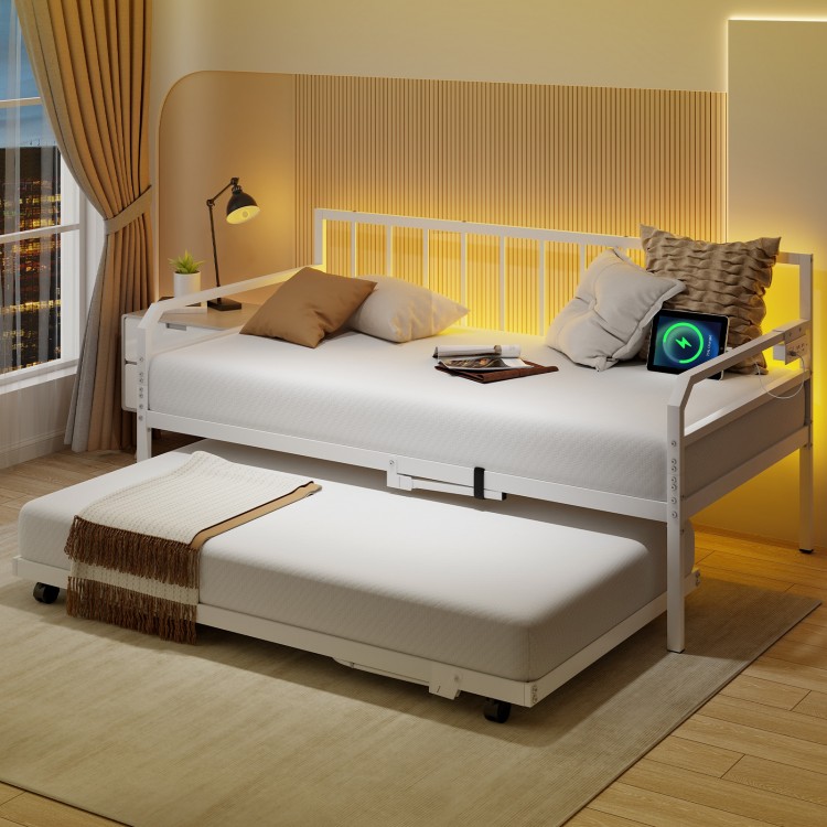 Adjustable twin size daybed in white with LED light, charging station, and pop-up trundle for versatile room use.