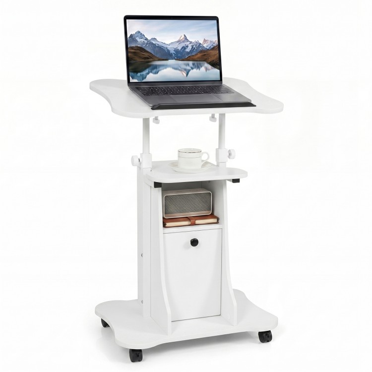 Adjustable mobile standing desk cart in white features a tiltable tabletop, cabinet, and rolling casters for versatile use.