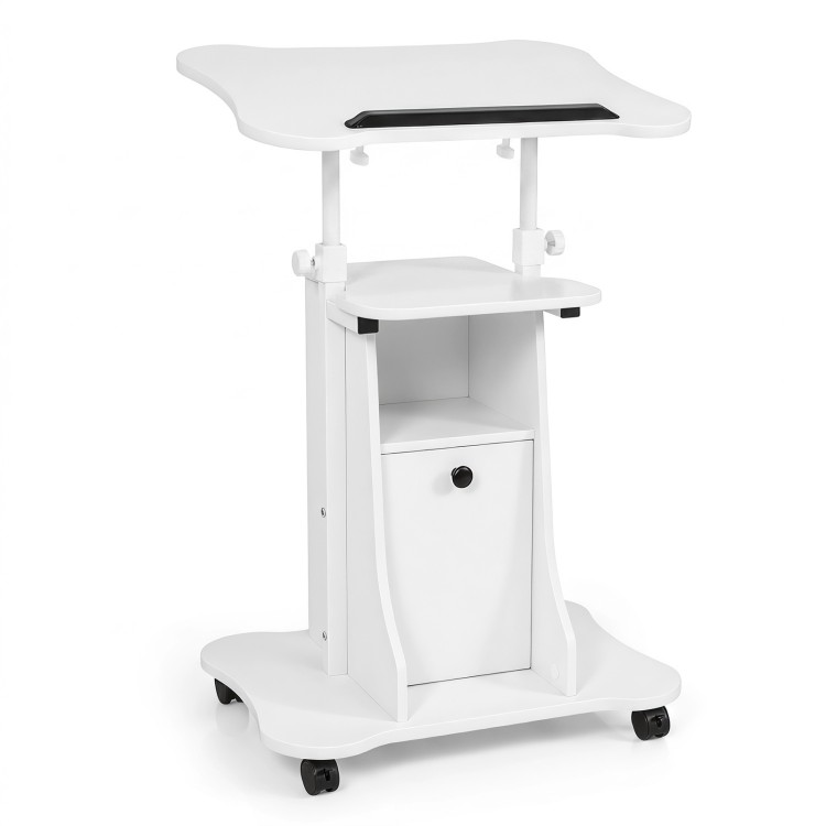 Adjustable mobile standing desk cart in white with tilt tabletop, cabinet, and 4 rolling casters for flexible use.