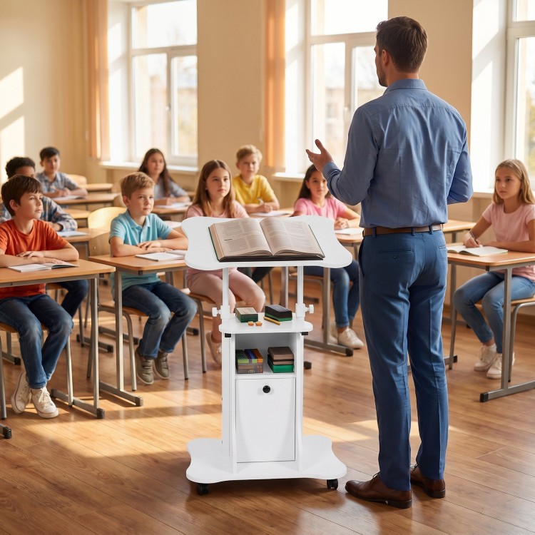 Adjustable mobile standing desk cart in white with a tilt desktop, ideal for presentations in classrooms or offices.