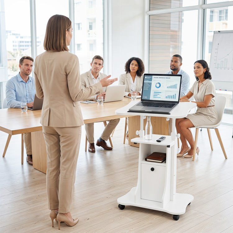 Adjustable mobile standing desk cart in white with a tiltable top, ideal for presentations and flexible workspace use.
