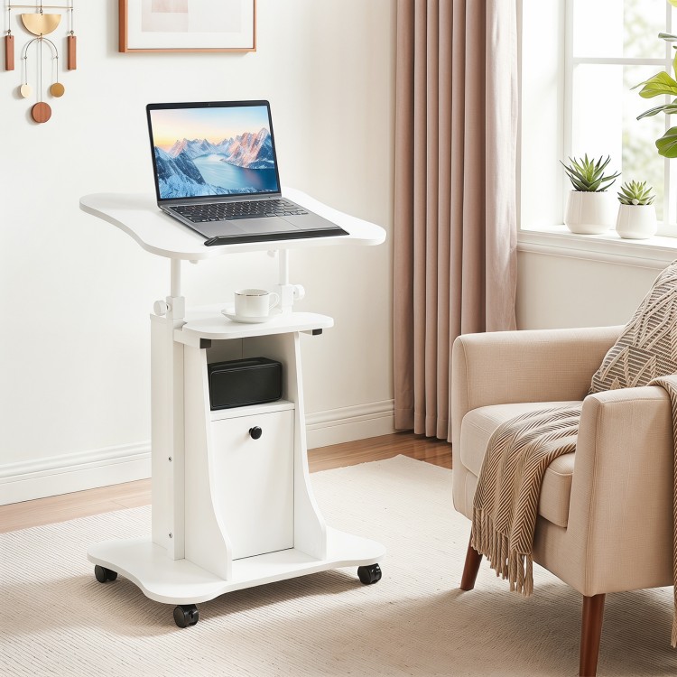 Adjustable mobile standing desk cart in white with a tiltable tabletop and storage cabinet, ideal for home or office use.