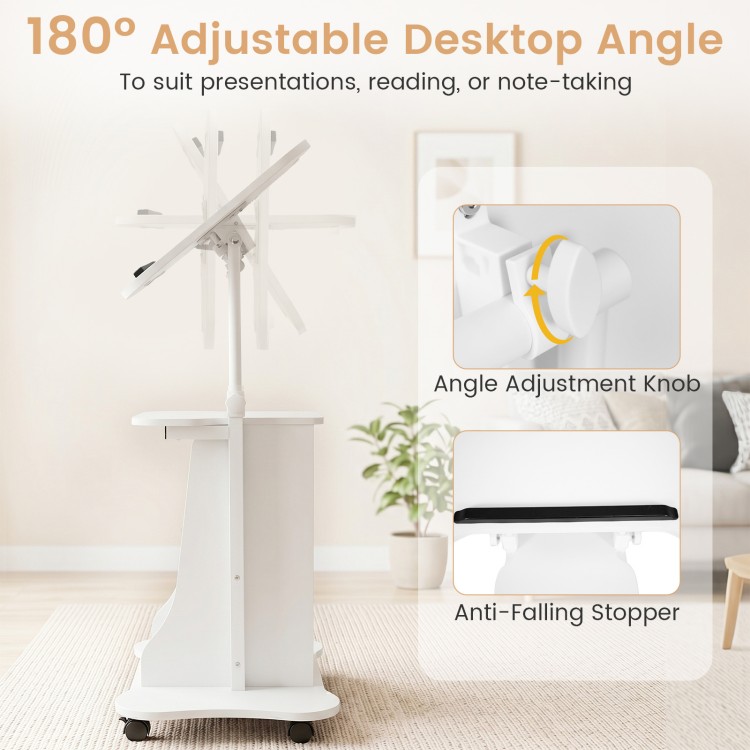 Adjustable mobile standing desk cart in white features a 180° tilt desktop and rolling casters for versatile use.