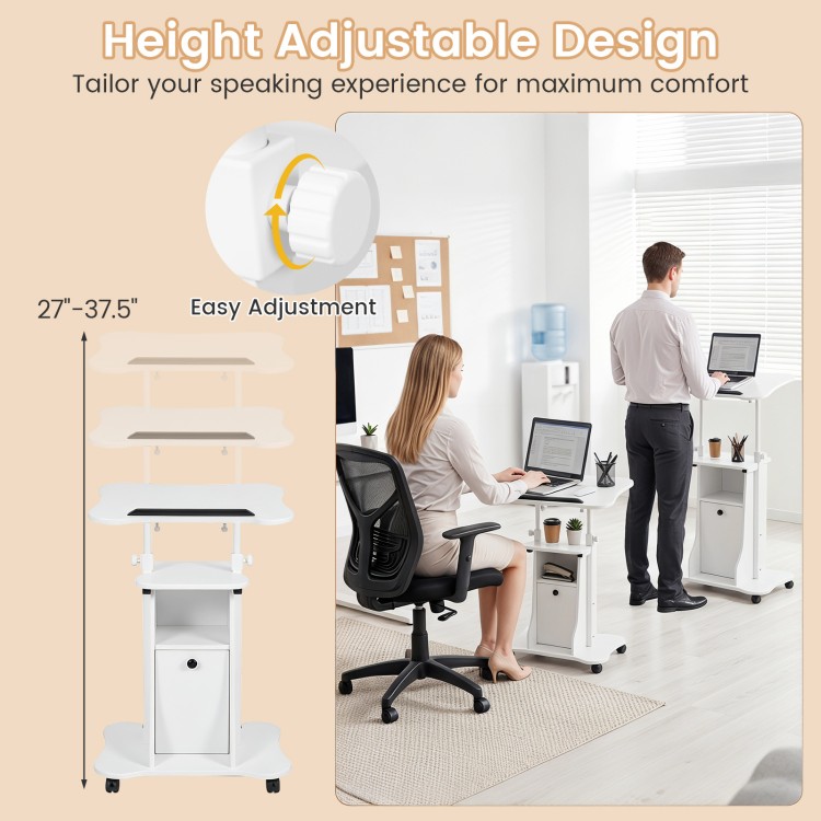 Adjustable mobile standing desk cart in white with height range of 27" to 45", featuring a tilt desktop and cabinet.