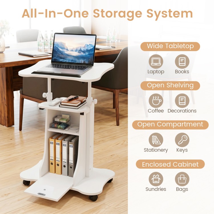 Adjustable mobile standing desk cart in white features a tiltable tabletop, open shelving, and an enclosed cabinet for storage.
