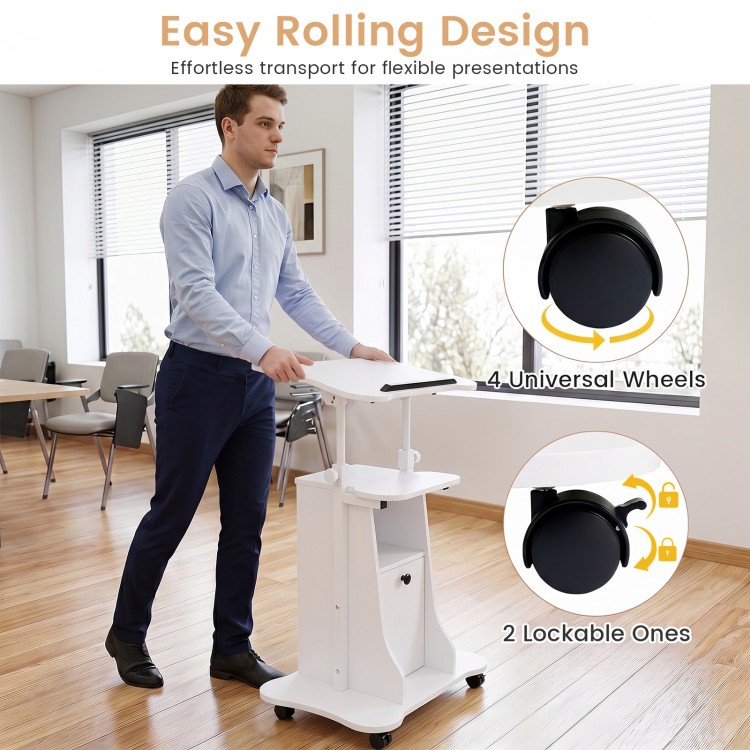 Adjustable mobile standing desk cart in white with a tilt desktop, featuring 4 wheels for easy transport and 2 lockable wheels.