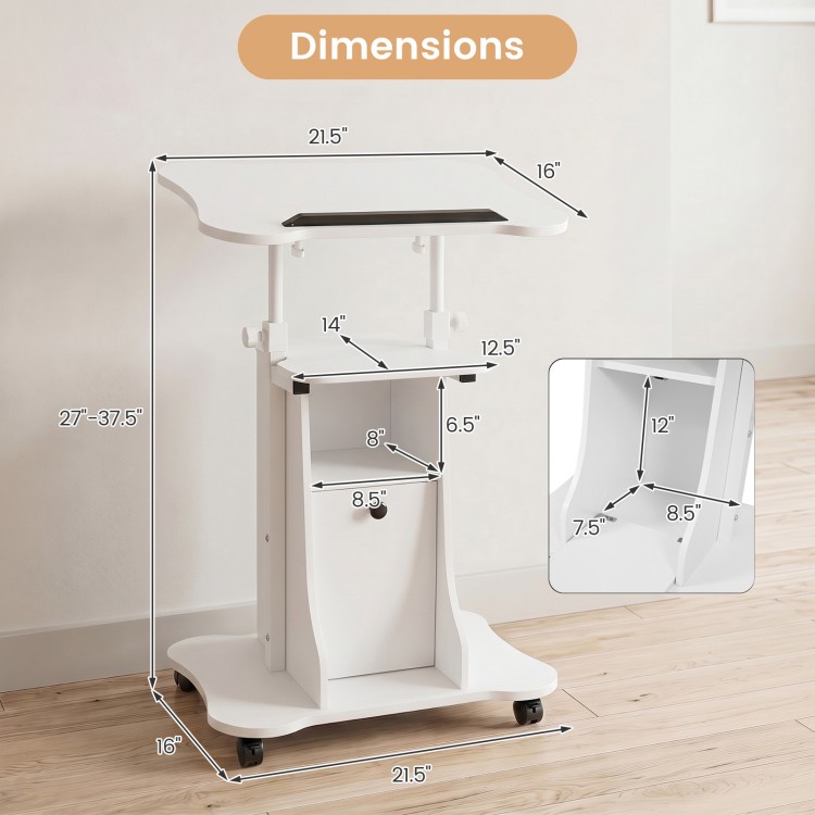 Adjustable mobile standing desk cart in white with a tiltable top, 2-tier shelves, and rolling casters for versatile use.