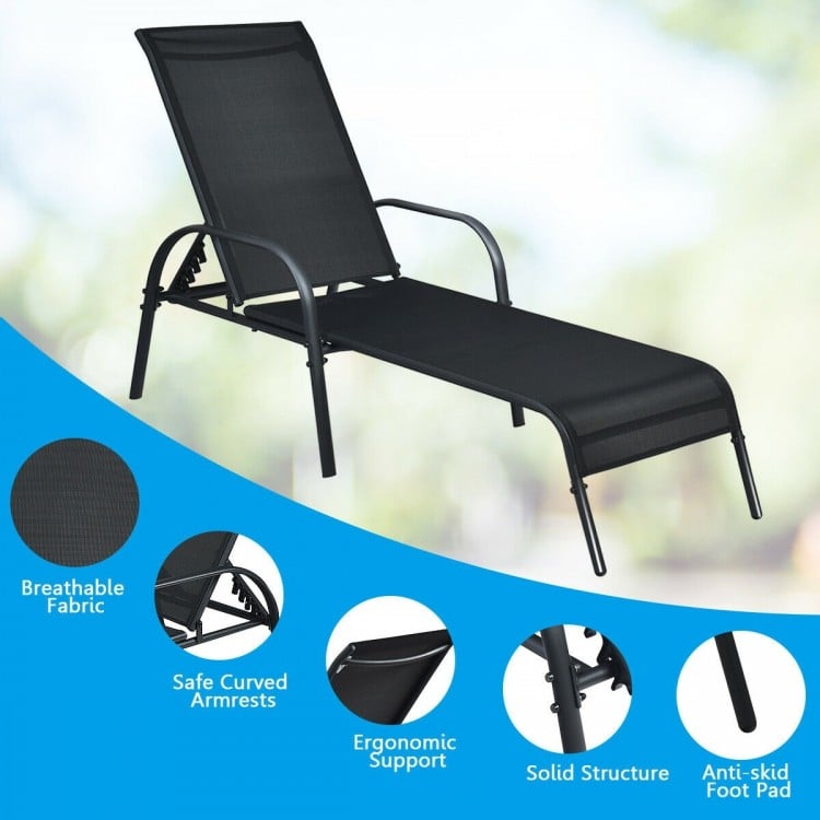 Adjustable black patio chaise lounge chair with breathable fabric, curved armrests, and five backrest positions for.