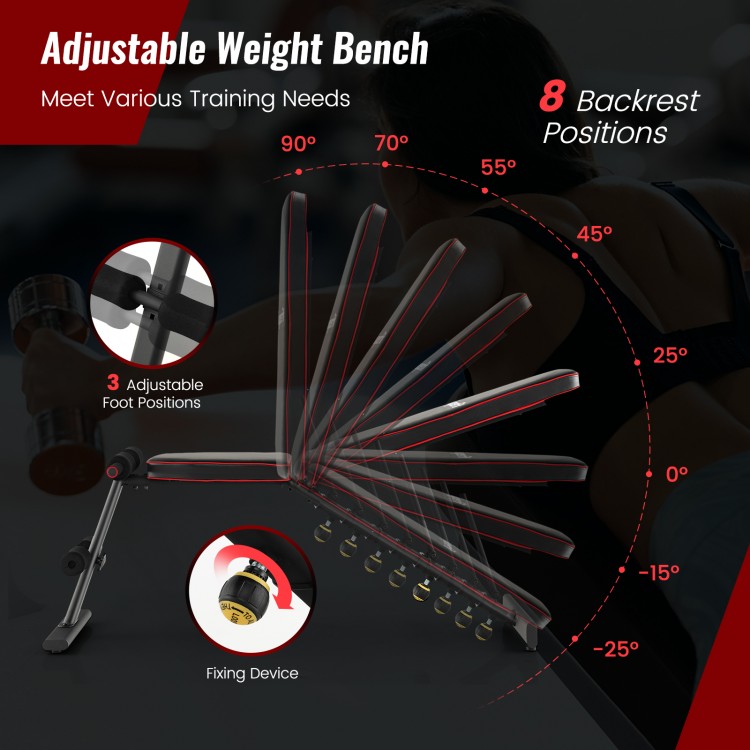 Adjustable weight bench showing 8 backrest positions and 3 foot positions for versatile strength training workouts.