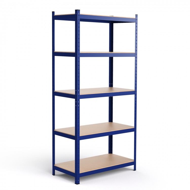 Adjustable blue 5-layer tool shelf with a 2000 lbs capacity, ideal for organizing kitchen or bathroom storage.