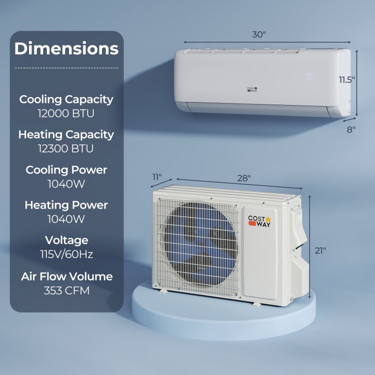 Airtural Series 12000 BTU mini split heat pump with dimensions, showcasing cooling and heating capacities for large.