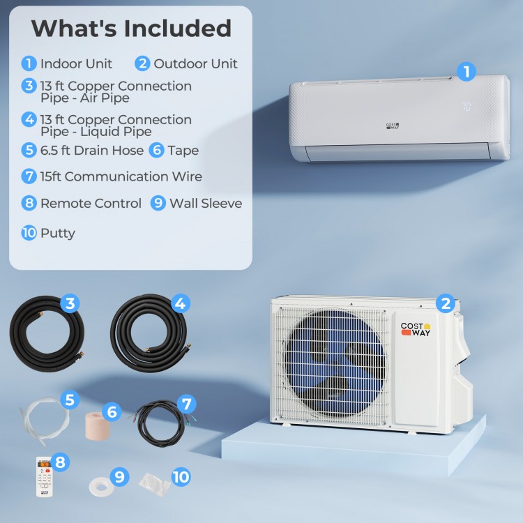 Airtural Series 12000 BTU mini split heat pump with indoor and outdoor units, 13 ft copper pipes, and remote control.